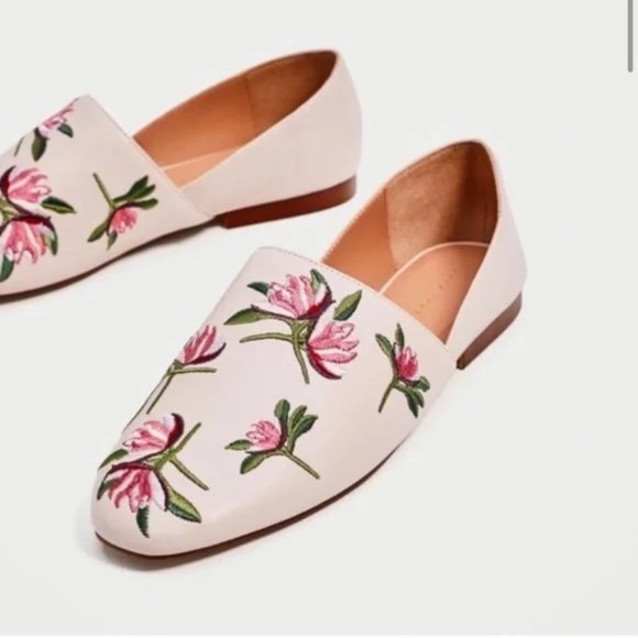 ZARA Embroidered Floral Faux Vegan Leather Pink Flat Loafers Shoes - US 8 - Picture 2 of 10